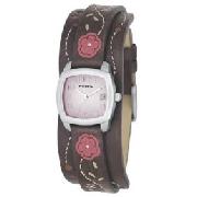 Fossil JR8780 Ladies Brown Leather Floral Stitch Strap Watch with Pink Analog Dial