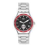 Swatch - Men's Round Black and Red Dial with Silver Coloured Bracelet Watch