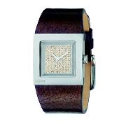 DKNY - Women's Cream Diamante Dial with Brown Leather Strap Watch
