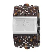 Michael Kors - Women's Silver Coloured Rectangular Dial Brown Strap Watch