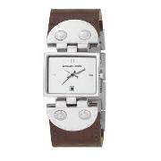 Michael Kors - Women's White Rectangular Dial with Brown Strap Watch