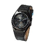 Bench Ladies' Round Black Dial and Black Leather Cuff Watch