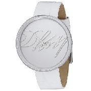DKNY Ladies' Round Dial and White Leather Strap Watch