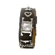 Guess Ladies' Silver Dial with Charms Black Cuff Watch