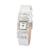 Morgan Ladies' Stone-Set White Leather Strap Watch